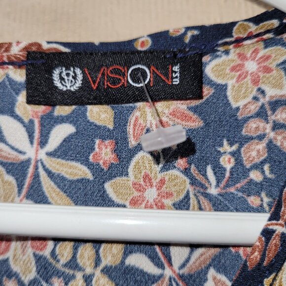 Vision Women’s Medium Navy Floral Boho Long Sleeve Dress Ruffle Hem Polyester - Picture 4 of 8